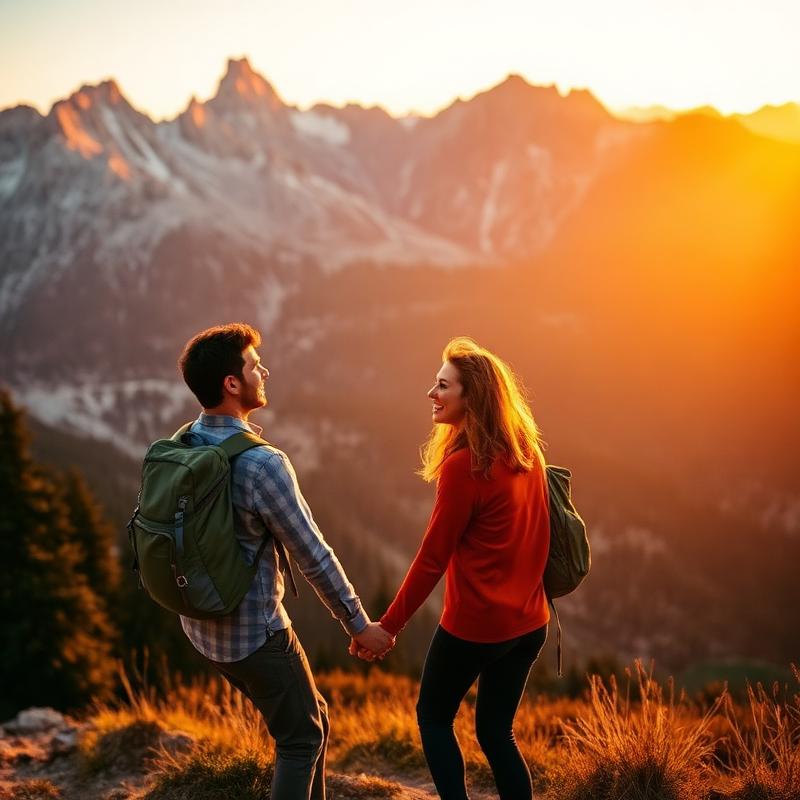 Pärchen beim Wandern in den Tiroler Bergen bei Sonnenuntergang